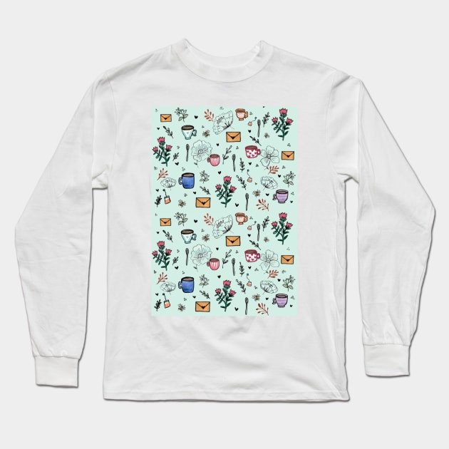 Teacup, mail, bees and floral pattern Long Sleeve T-Shirt by SanMade